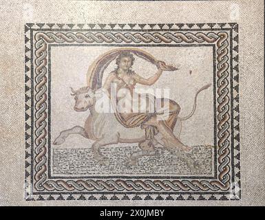 Pavimentazione a mosaico raffigurante Europa trasportata attraverso il mare dal dio a forma di toro Zeus, trovato ca. 1900 a Trinquetaille (Arles), fine II secolo - inizio III secolo d.C., Musée de l'Arles Ancient, Arles, Francia Foto Stock