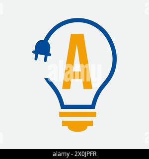 Logo della lampadina sulla lettera A Concept per il simbolo elettrico. Segnale di elettricità Illustrazione Vettoriale