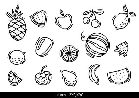 Set di frutta esotica disegnata con doodle, fette di cocco e limone. Carini frutti tropicali. Graziosi frutti tropicali. Frutti tropicali naturali. Illustrazione Vettoriale