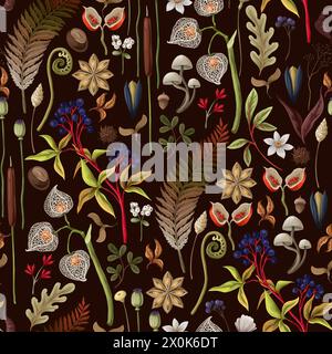 Motivo senza cuciture con foglie autunnali, frutti di bosco e semi. Vettore. Illustrazione Vettoriale