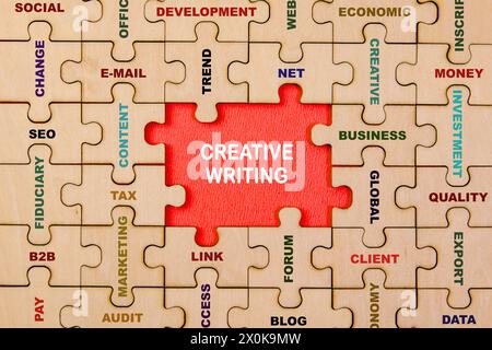 I pezzi del puzzle si assemblano per formare parole come "scrittura creativa" che evidenziano l'importanza del lavoro di squadra Foto Stock