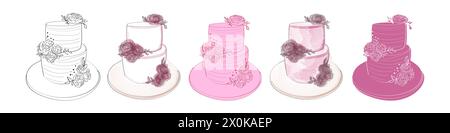 Vari tipi di torte sono visualizzati su uno sfondo bianco pulito. Le torte variano in sapori, forme e decorazioni, creando una gamma visivamente accattivante di dolci Illustrazione Vettoriale
