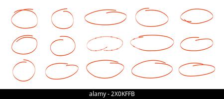 Set di getti rossi ovali disegnati a mano. Pennello vettoriale rotondo ovale lineare. Illustrazione ovale della cornice disegnata a mano. Illustrazione Vettoriale