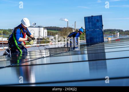 Installazione di moduli solari sul tetto di un'impresa commerciale, oltre 400 moduli fotovoltaici sono installati sul tetto, NRW, Germania Foto Stock
