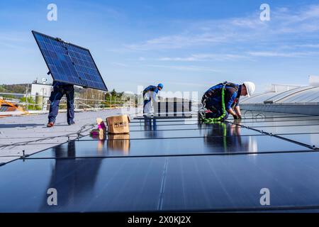 Installazione di moduli solari sul tetto di un'impresa commerciale, oltre 400 moduli fotovoltaici sono installati sul tetto, NRW, Germania Foto Stock