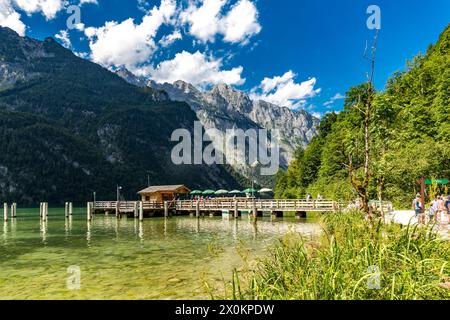 Salet, Königssee con il massiccio del Watzmann, il Parco Nazionale di Berchtesgaden, la Terra di Berchtesgadener, l'alta Baviera, la Baviera, Germania, Europa Foto Stock