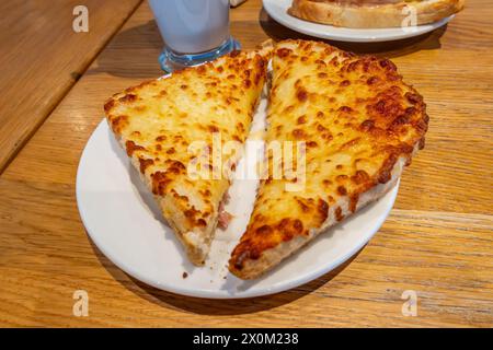 Un sandwich tostato con prosciutto e formaggio su un piatto Foto Stock