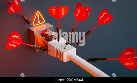 Concetto di ricezione di attacchi ddos tramite Internet. rendering 3d. Foto Stock