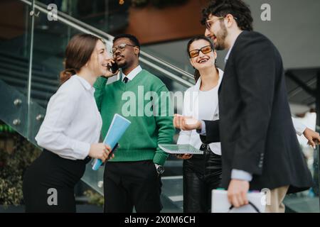Team di business multiculturale che discutono delle strategie durante le riunioni all'aperto Foto Stock
