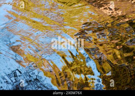 Riflessi dalla vegetazione e dal cielo che creano motivi astratti in tonalità blu, verde e marrone sul fiume dove, Cradle Mountain, Tasmania, Australia. Foto Stock