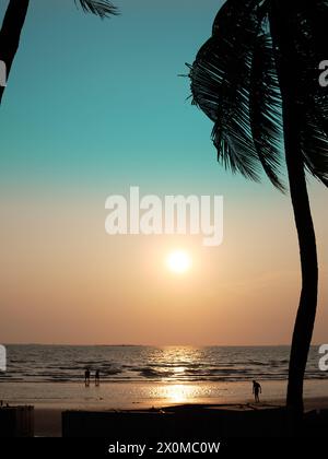 BANGSAEN,THAILAND 2024 , silhouette alberi di cocco al tramonto in una spiaggia di lunghezza intera. La spiaggia di Bangsaen, nella provincia di Chonburi, Tailandia, il tramonto, Foto Stock