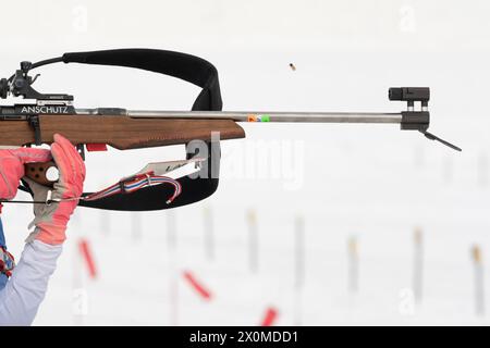 Fucile biatleta sportivo che spara in posizione eretta nell'area di tiro. Messa a fuoco selettiva, primi piani estremi. Gara di biathlon regionale aperta Foto Stock