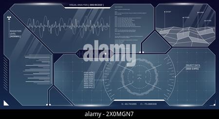 Pannello di controllo futuristico VR HUD. Obiettivo del display head-up e schermata dell'interfaccia utente. GUI interfaccia di realtà virtuale digitale design della visiera hi-tech per cyberspazio. Cruscotto della cabina di pilotaggio della navicella FUI Sci Fi. Vettore Illustrazione Vettoriale