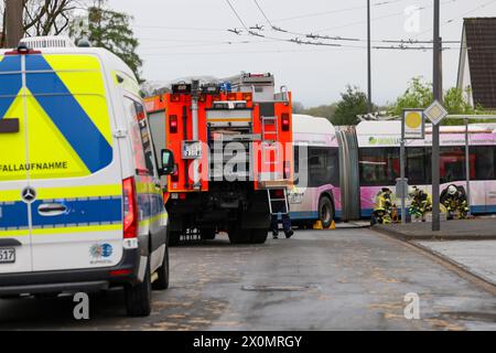 Mann bei Unfall mit Linienbus lebensgefährlich verletzt am Freitagmorgen 12.04.2024 kam es zu einem tragischen Unfall a Solingen-Höhscheid. Ein 52 jähriger Solinger beabsichtigte die Fahrbahn an der Buswendeschleife Höhscheid-Brockenberg zu fußläufig überqueren und wurde dabei vom anfahrenden Linienbus erfasst. BEI dem Unfall wurde der Fußgänger unter dem tonnenschweren Bus eingeklemmt und dabei lebensbedrohlich verletzt. während der technischen Rettung, welche nach Angaben von Einsatzleiter Sebastian Wagner mehr als 30 Minuten dauerte, wurde auch ein Feuerwehrkran in Stellung gebracht, der B. Foto Stock