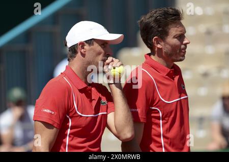 Edouard Roger-Vasselin e Nicolas Mahut di Francia durante il giorno 6 del Rolex Monte-Carlo 2024, evento di tennis ATP Masters 1000 il 12 aprile 2024 al Monte-Carlo Country Club vicino Monaco a Roquebrune Cap Martin, Francia Foto Stock