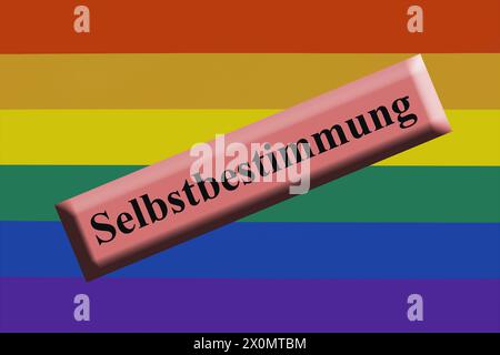 Regenbogenflagge und Selbstbestimmung Regenbogenflagge und Selbstbestimmung, 13.04.2024, Borkwalde, Brandeburgo, Auf einer Regenbogenflagge befindet sich der Schriftzug Selbstbestimmung. *** Bandiera arcobaleno e autodeterminazione bandiera arcobaleno e autodeterminazione, 13 04 2024, Borkwalde, Brandeburgo, su una bandiera arcobaleno è la scritta autodeterminazione Foto Stock