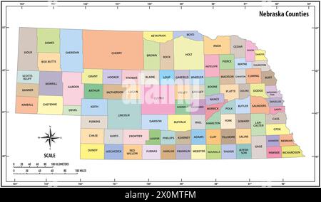 Lo stato del Nebraska delinea a colori la mappa amministrativa e politica Foto Stock