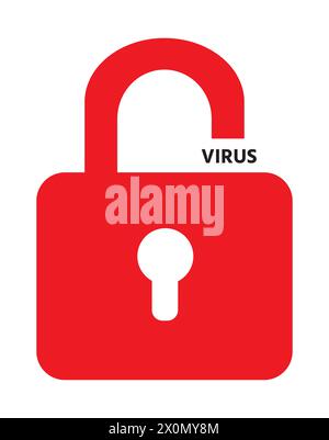 Illustrazione isolata di un lucchetto rosso sbloccato con un segno di virus. Sicurezza dei dati personali su Internet. Foto Stock