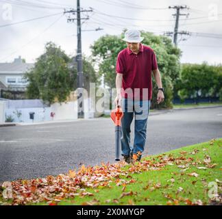 Uomo che pulisce le foglie autunnali cadute utilizzando un soffiatore per foglie sul marciapiede. Auckland. Foto Stock