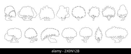 Set di cespugli forestali di varie forme interessanti, cespugli e piccole icone di alberi. Vettore stile linee nere. Illustrazione Vettoriale