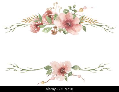 Fiori rosa acquerello e cornice verde, illustrazione del bouquet floreale del giardino, falesia della corona Foto Stock