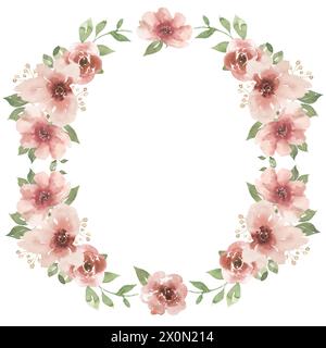 Fiori rosa acquerello e cornice verde, illustrazione del bouquet floreale del giardino, falesia della corona Foto Stock