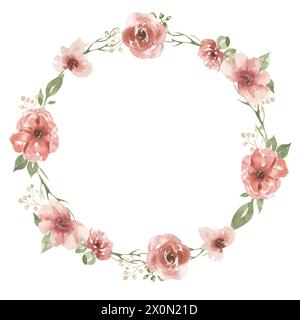 Fiori rosa acquerello e cornice verde, illustrazione del bouquet floreale del giardino, falesia della corona Foto Stock