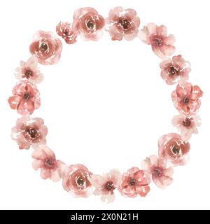 Cornice di fiori rosa acquerello, illustrazione del bouquet floreale del giardino, falesia della corona Foto Stock