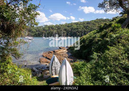 Isolata Taylors Bay sul porto di Sydney, pittoresca baia con barche yacht ormeggiati nella baia e piccoli gommoni artigianali immagazzinati sulla riva, Sydney, Australia Foto Stock