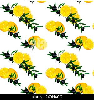 Motivo senza cuciture con ramoscello di oliva e limone per stampe su carta da parati, tessuti, fai da te, scrapbooking per il confezionamento. Per cucina e ristorante, cucina e ricetta Foto Stock