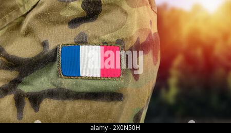 Bandiera della Francia in uniforme dell'esercito francese all'aperto Foto Stock