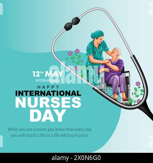 Felice saluto infermieri giorno. infermiera con cura della donna anziana. sedia a rotelle seduta di vecchia madre. disegno di illustrazione vettoriale astratto Illustrazione Vettoriale