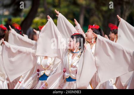 Kyoto, Giappone - marzo 31 2024: Festival Kyoto Sakura Yosakoi ( Sakuyosa ). Ballerini che ballano lungo una strada nell'area di Okazaki intorno al Santuario Heian. Foto Stock