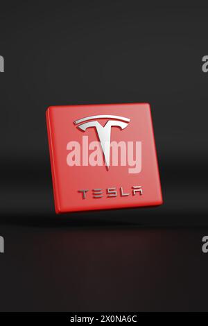 Buenos Aires, Argentina - 3 aprile 2024: Logo Tesla in tre dimensioni su sfondo scuro. illustrazione 3d. Foto Stock