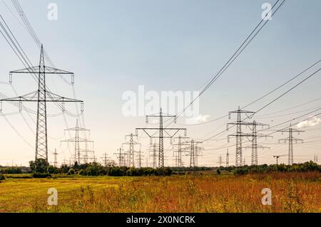 Gruppo di tralicci di trasmissione di potenza in campo aperto contro il cielo limpido in una giornata di sole Foto Stock