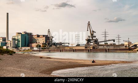 Scena sul fiume Reno con impianti industriali e gru, vecchia centrale combinata di calore ed energia elettrica a Mannheim, Baden-Wuerttemberg, Germania Foto Stock