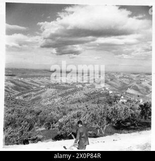 ITALIA : OTTAVA BATTAGLIA DI ARMYRIVER SANGRO - Un panorama a quattro quadri del fianco destro del fronte italiano, mostrando - da sinistra a destra - Mt. Amaro e parte del comune di Atessa, che si affaccia sul fronte di battaglia lungo il fiume Sangro il settore centrale, con il fiume Sangro che scorre lungo la valle, e sulla destra verso l'Adriatico dove il Sangro si unisce al mare. Queste fotografie coprono un'area di circa 11 miglia. Negativo fotografico, British Army Foto Stock