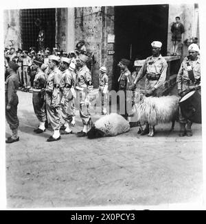 GLI ESERCITI ALLEATI NELLA CAMPAGNA D'ITALIA, 1943-1945 - truppe di uno dei reggimenti marocchini del corpo di spedizione francese con le loro mascotte di reggimento, due arieti (uno dei quali dorme a terra), durante le celebrazioni francesi della Festa della Bastiglia a Siena, 14 luglio 1944. Le truppe della Quinta Armata degli Stati Uniti sono davanti a loro l'Esercito degli Stati Uniti, l'Esercito francese Foto Stock