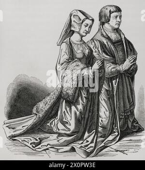 Borghese di Gand in costume cerimoniale, inginocchiato alla chiesa. Incisione basata su una vetrata di una cappella in città, XV secolo. "Moeurs, usages et costumes au moyen-âge et à l'époque de la Renaissance", di Paul Lacroix. Parigi, 1878. Foto Stock