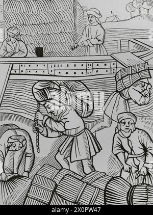 Francia. Portatori di fieno. Facsimile di un'incisione da ''Les ordonnances royaux sur le faict et jurisdiction de la prévosté des marchands et eschevinage de la ville de Paris', Parigi, 1528. "Moeurs, usages et costumes au moyen-âge et à l'époque de la Renaissance", di Paul Lacroix. Parigi, 1878. Foto Stock