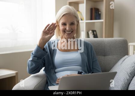 Donna matura felice che ha una videoconversazione a casa Foto Stock