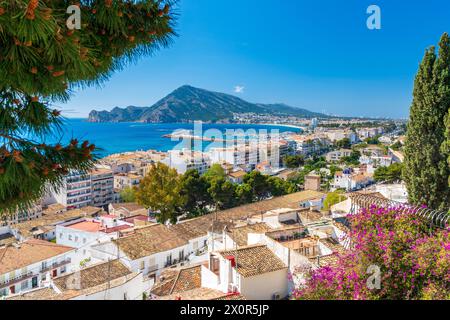 Vista da Mirador Blanc, Altea, Comunidad Valenciana, distretto di Alicante, Costa Blanca, Spagna Foto Stock