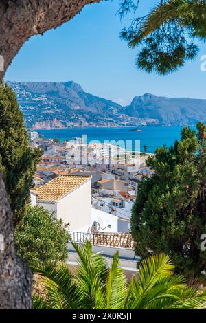 Vista da Mirador Blanc, Altea, Comunidad Valenciana, distretto di Alicante, Costa Blanca, Spagna Foto Stock