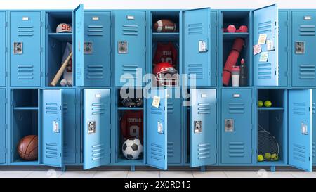 Tipo di concetto sportivo. Armadietti scolastici con porte aperte e attrezzature sportive, articoli e accessori per lo sport. illustrazione 3d. Foto Stock