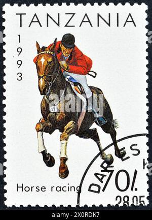 Francobollo cancellato stampato dalla Tanzania, che mostra Equestrian, circa 1993. Foto Stock