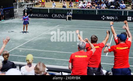 Amelia Island, Florida, Stati Uniti. 13 aprile 2024. Ana Bogdan di Romania urla dopo aver vinto il match point e aver sconfitto Elina Svitolina di Ucraina 6-4, 4-6, 6-3 nel terzo match della Billie Jean King Cup Qualifying a Amelia Island, Florida. L'Ucraina conduce la Romania 2 partite a 1 dopo questo risultato. (Credit Image: © Richard Dole/ZUMA Press Wire) SOLO PER USO EDITORIALE! Non per USO commerciale! Foto Stock