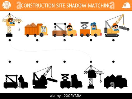 Attività di corrispondenza delle ombre del cantiere con trasporto speciale, veicoli. Lavori di costruzione rompicapo con gru di sollevamento, camion, evacuatore. Trova corretto Illustrazione Vettoriale