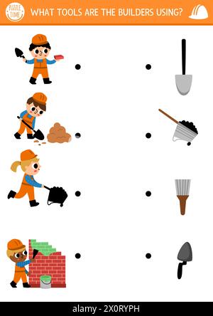 Attività di corrispondenza delle ombre del cantiere con costruttori e strumenti. Il puzzle dei lavori di costruzione. Abbina il gioco silhouette, foglio di lavoro stampabile. Servizio di riparazione Illustrazione Vettoriale
