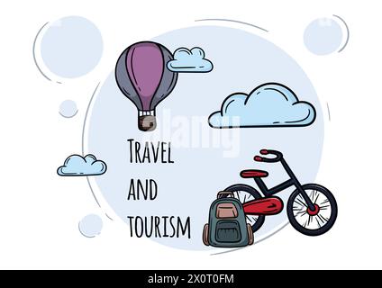 Viaggi e turismo. Brillante illustrazione vettoriale con palloncino, bicicletta e zaino Illustrazione Vettoriale