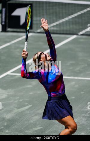 Amelia Island, Florida, Stati Uniti. 13 aprile 2024. Ana Bogdan della Romania batte in servizio contro l'Ucraina Elina Svitolina nella terza partita della qualificazione Billie Jean King Cup ad Amelia Island, Florida. Bogdan ha battuto in finale 6-4, 4-6, 6-3. L'Ucraina conduce la Romania 2 partite a 1 dopo questo risultato. (Credit Image: © Richard Dole/ZUMA Press Wire) SOLO PER USO EDITORIALE! Non per USO commerciale! Foto Stock